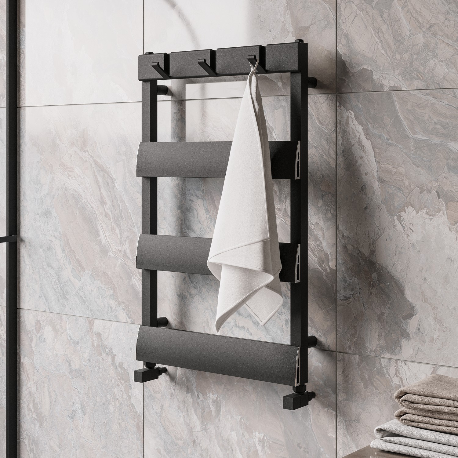 Black Towel Radiator with Hooks 800 x 500mm - Arizona