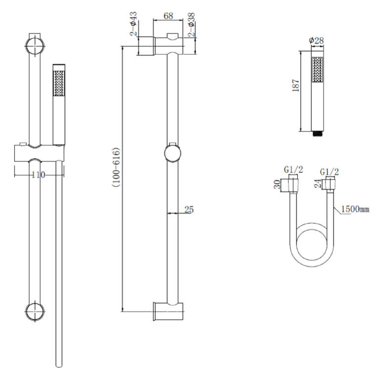 ONLY OPENED - Black Shower Slider Riser Rail Kit - Arissa