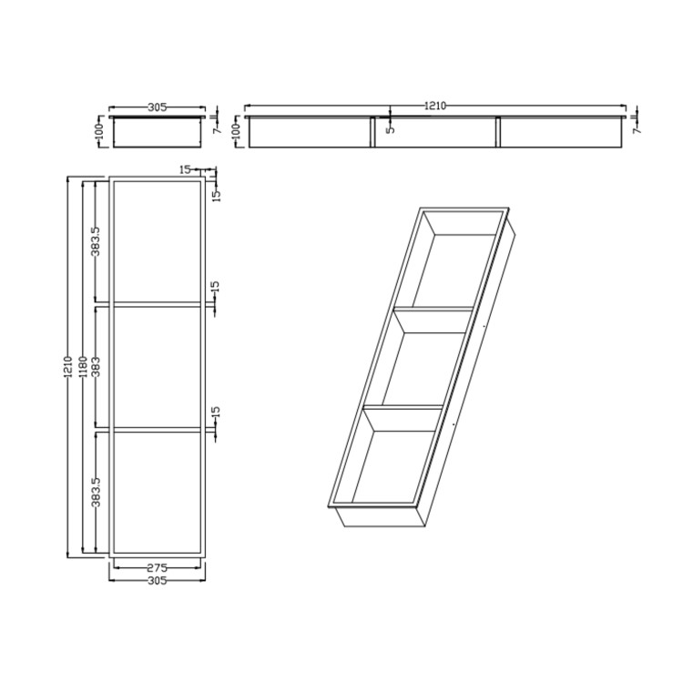 Black Shower Niche with Shelves 305 x 1210mm - Arissa