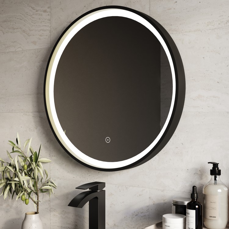 Round Black & Brass Heated Bathroom Mirror with Lights 600mm - Arlo