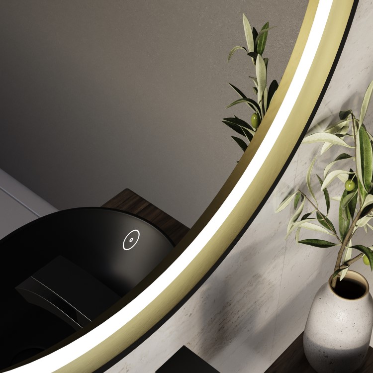 Round Black & Brass Heated Bathroom Mirror with Lights 600mm - Arlo