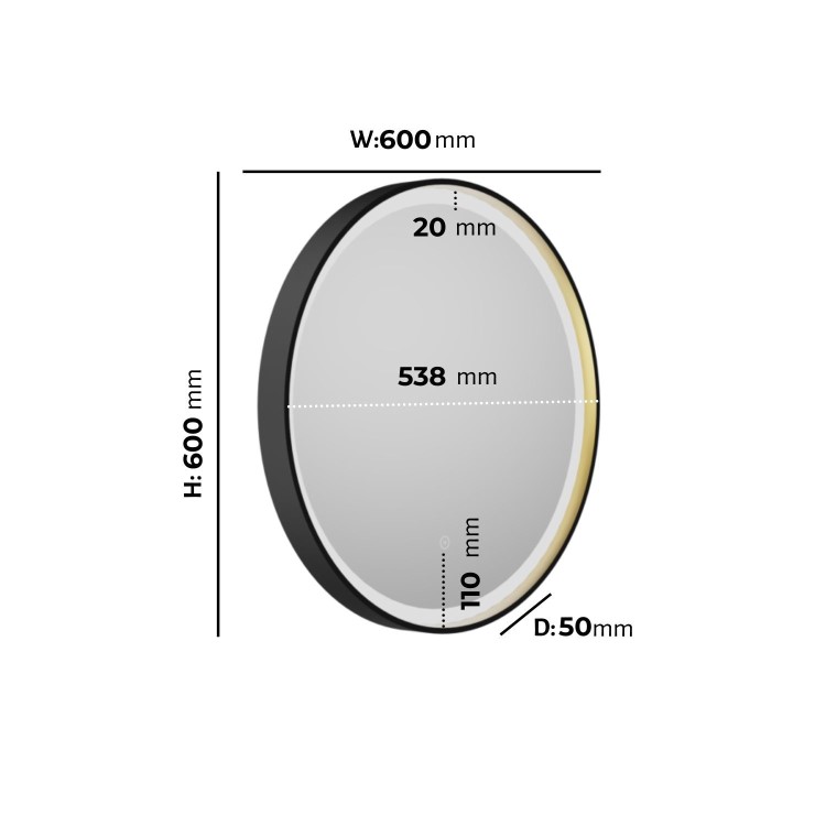 Round Black & Brass Heated Bathroom Mirror with Lights 600mm - Arlo