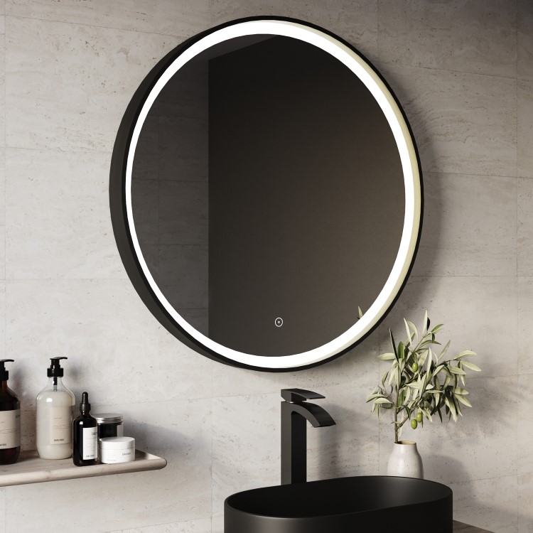Round Black & Brass Heated Bathroom Mirror with Lights 800mm - Arlo