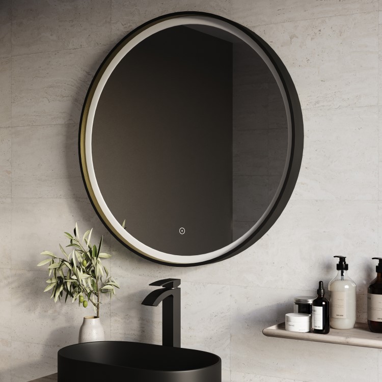 Round Black & Brass Heated Bathroom Mirror with Lights 800mm - Arlo