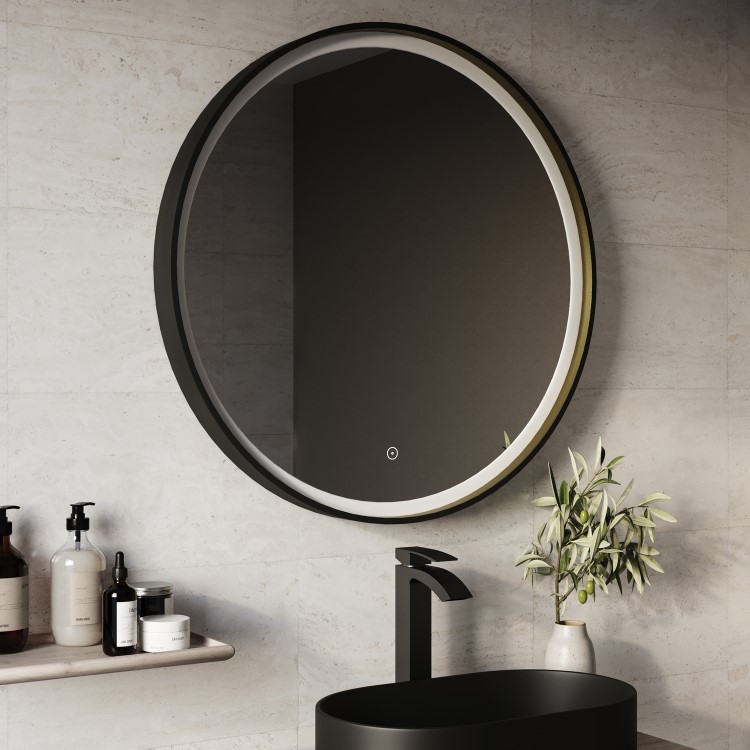 Round Black & Brass Heated Bathroom Mirror with Lights 800mm - Arlo