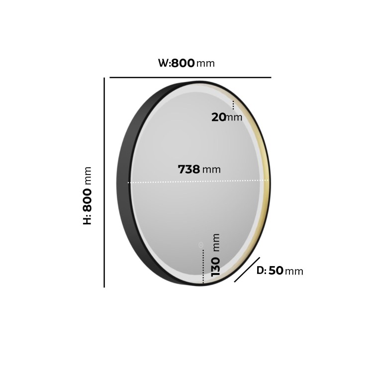 Round Black & Brass Heated Bathroom Mirror with Lights 800mm - Arlo