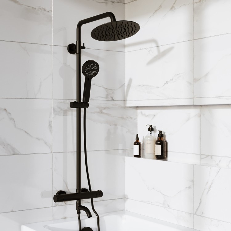 Black 3 Outlet Thermostatic Mixer Shower Set with Bath Filler Spout & Hand Shower - Arissa