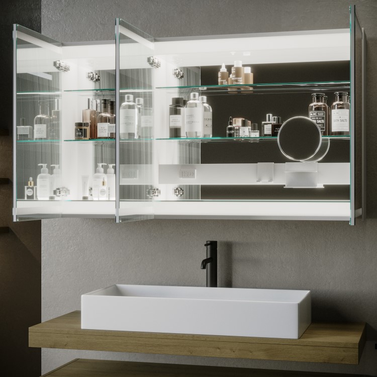 Triple Door Mirrored Bathroom Cabinet with Lights Demister & Socket 1200 x 800mm - Artemis
