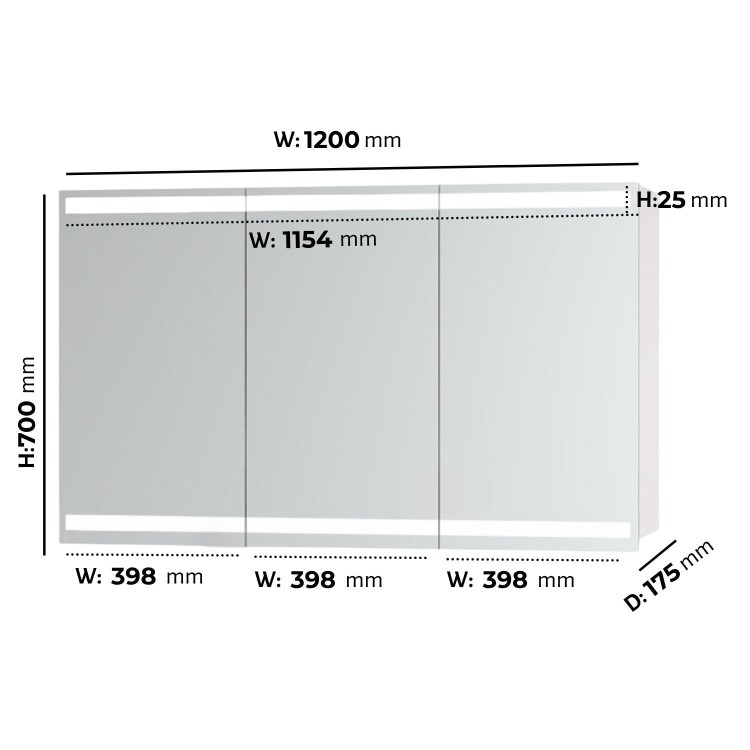 Triple Door Mirrored Bathroom Cabinet with Lights Demister & Socket 1200 x 800mm - Artemis