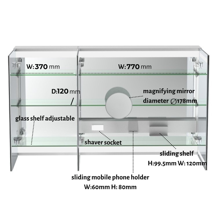 Triple Door Mirrored Bathroom Cabinet with Lights Demister & Socket 1200 x 800mm - Artemis