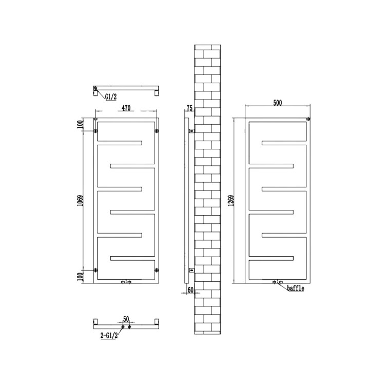 Black Designer Towel Radiator 1270 x 500mm - Atka