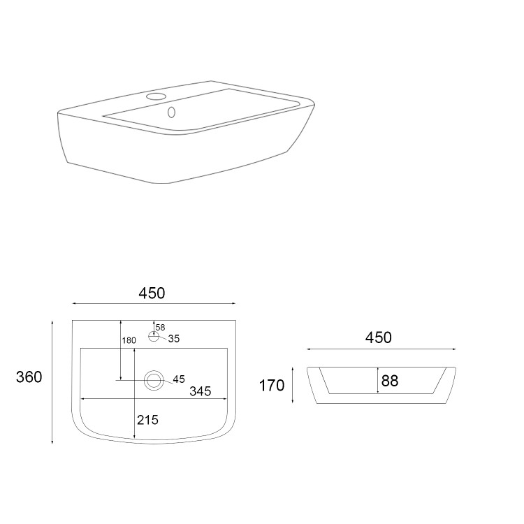 Cloakroom Wall Hung Basin 450mm - Atlanta
