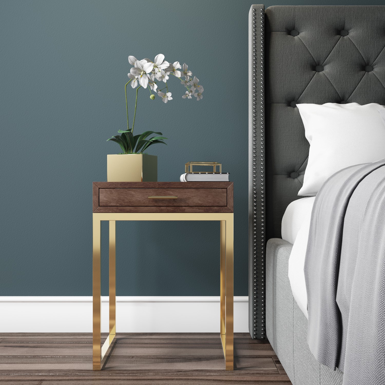 Walnut 1 Drawer Bedside Table / Nightstand with Gold Trim ...