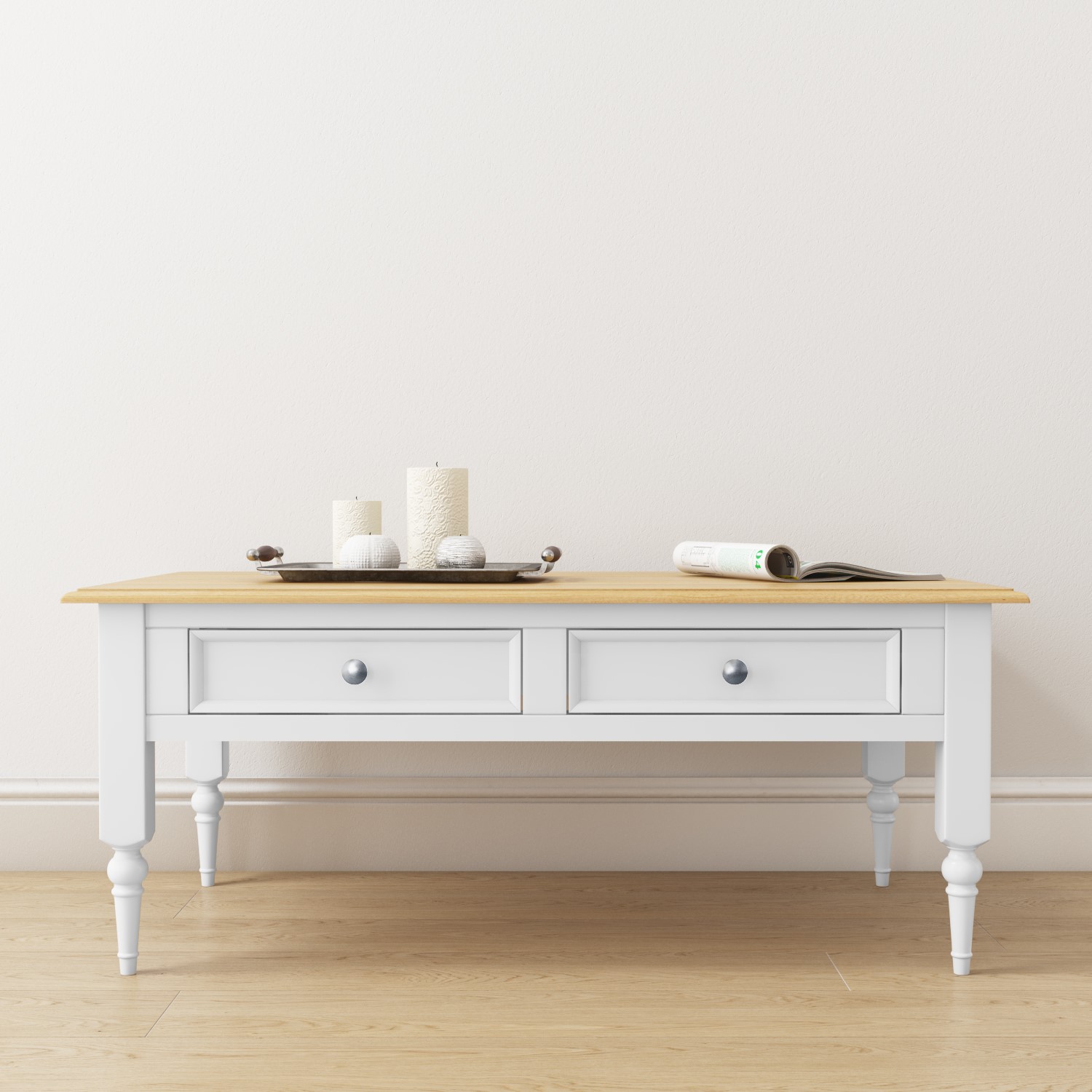 Details About Farmhouse 2 Drawer White Pine Coffee Table With Storage Living Room Furniture