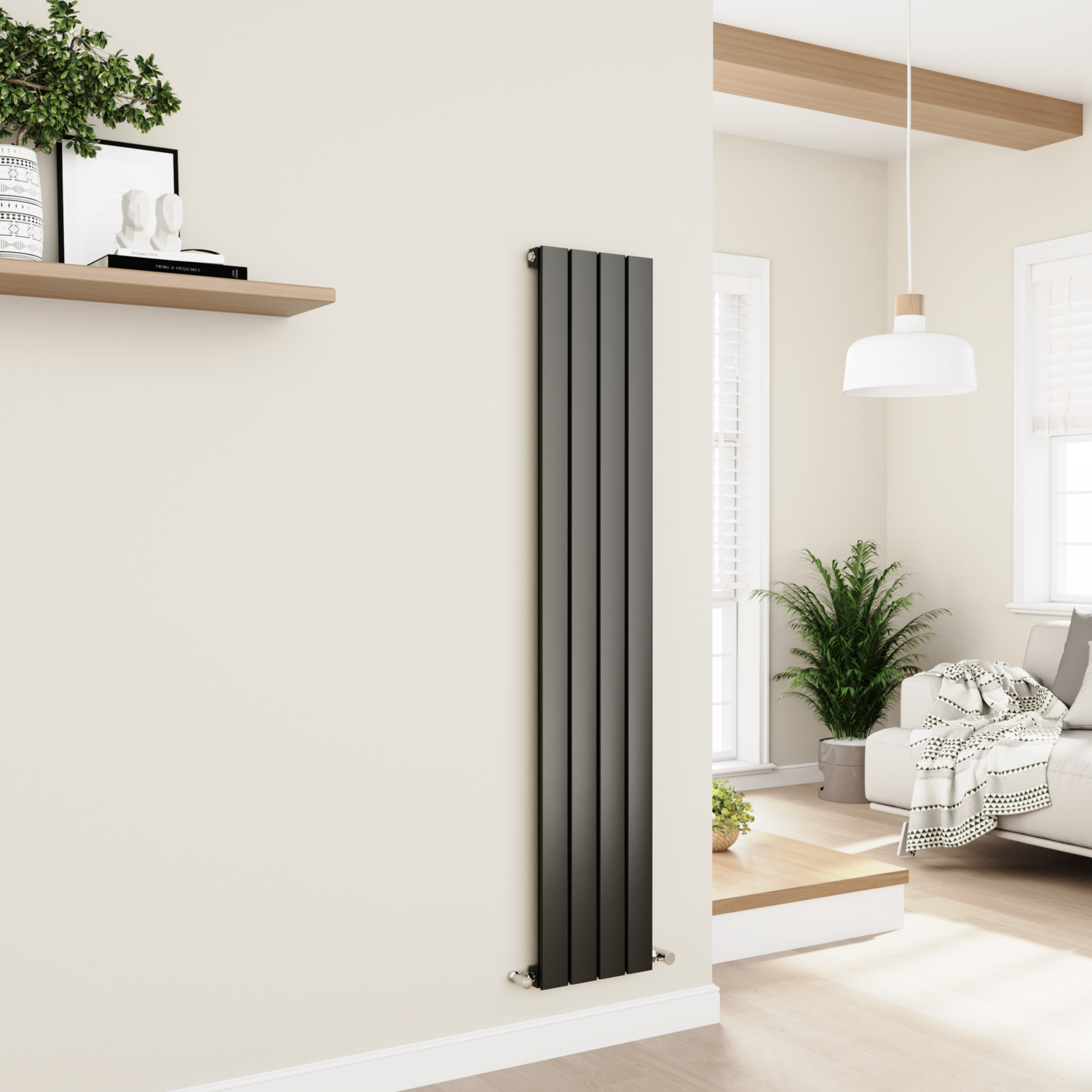 Eco Eleganza Midnight Black Vertical Flat Designer Aluminium Radiator 1600X300mm Single Panel 2036 Btu Size 30