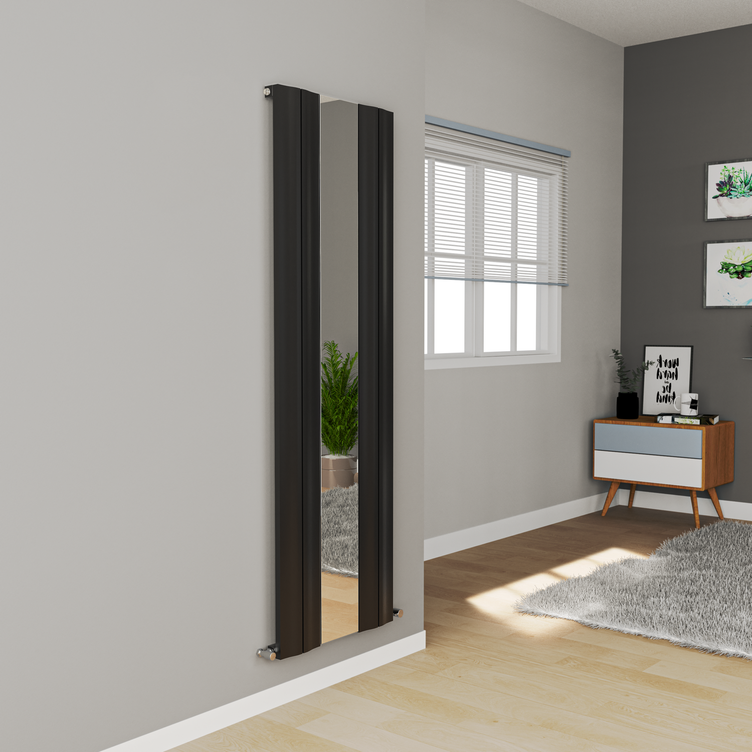 Midnight Vertical Wave Mirror Designer Aluminium Radiator 1800x550mm Single Panel 3387 BTU