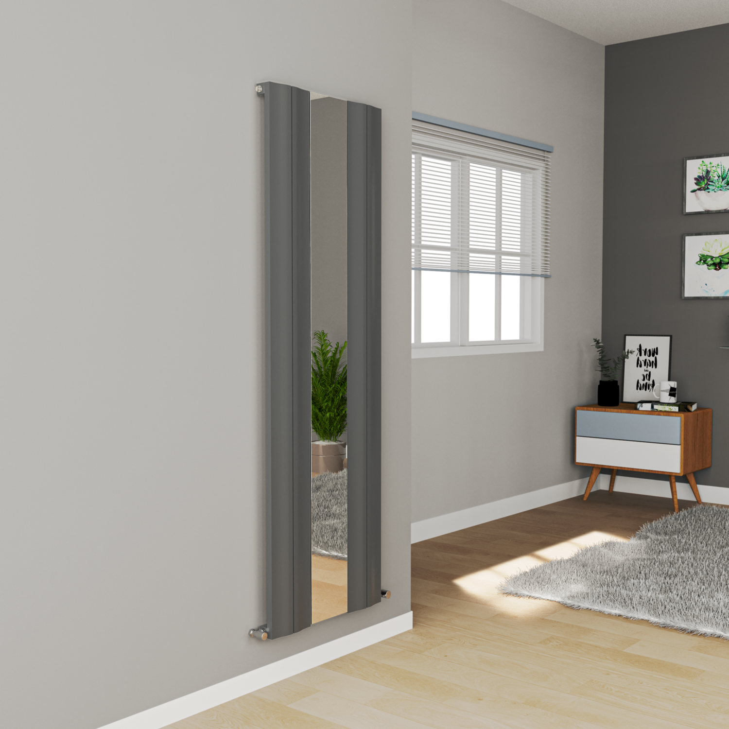 Vertical Wave Mirror Designer Aluminium Radiator 1800x550mm Single Panel 3387 BTU