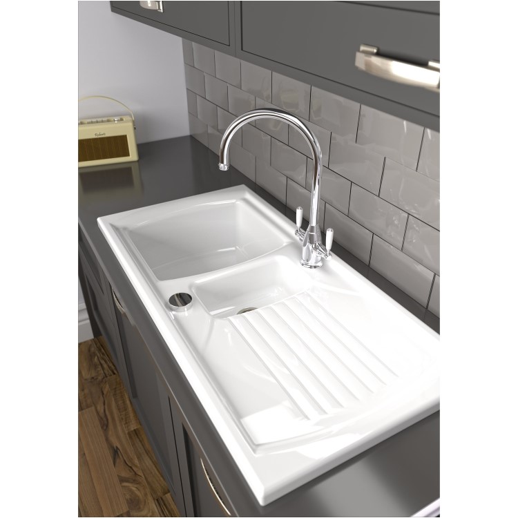 Abode Milford 1.5 Bowl Inset White Ceramic Kitchen Sink