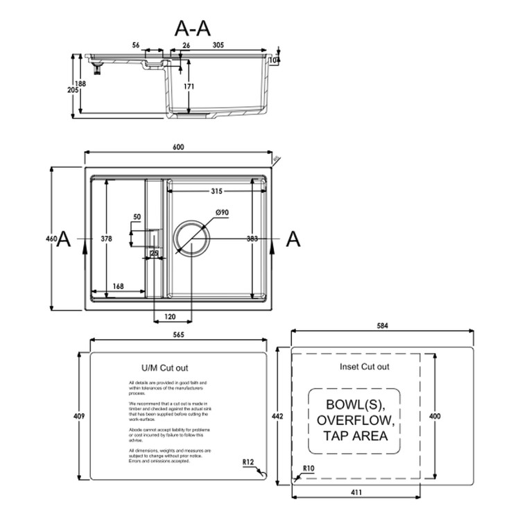 Abode Synchronist 1.25 Bowl Inset / Undermount Grey Granite Kitchen Sink