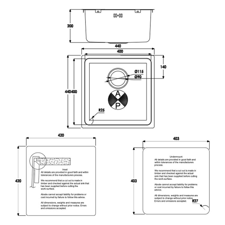 Abode Matrix R25 Single Bowl Inset / Undermount Brushed Stainless Steel Kitchen Sink