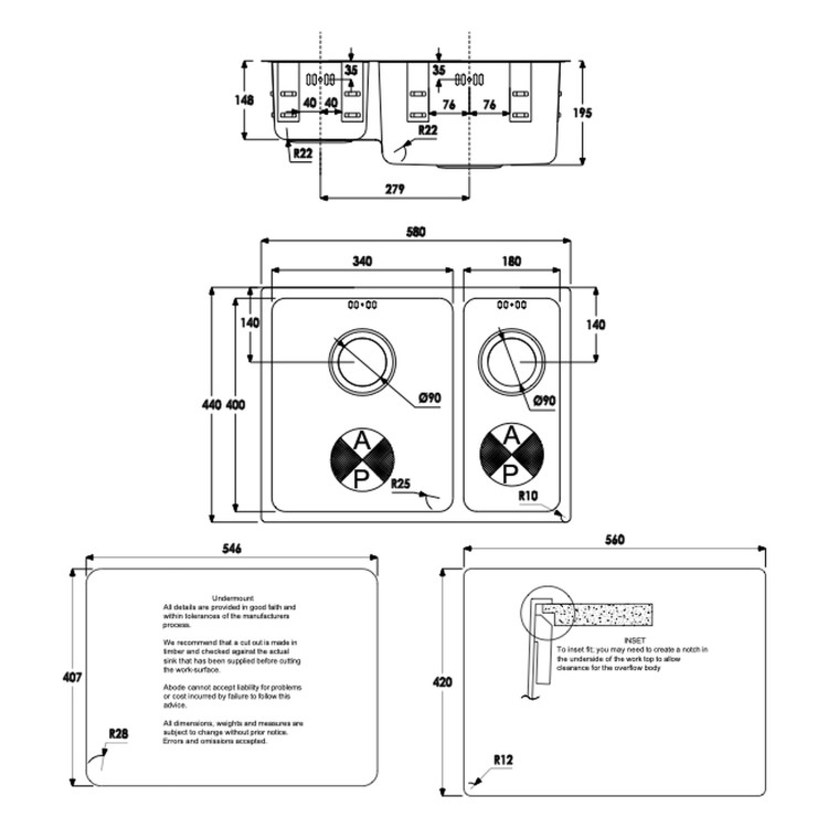 Abode Matrix R25 Left Hand 1.5 Bowl Inset / Undermount Brushed Stainless Steel Kitchen Sink