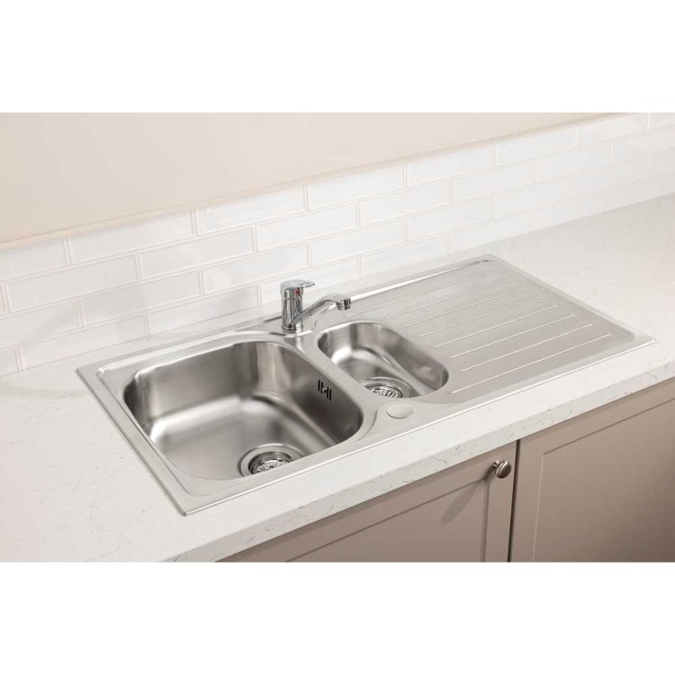 Abode Stria 1.5 Bowl Inset Stainless Steel Kitchen Sink with Mini Hilton Chrome Tap Pack