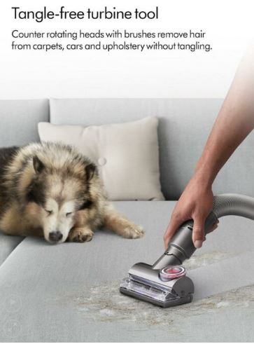 Counter rotating heads with brushed remove hair from carpets, cars, upholstery without tangling.