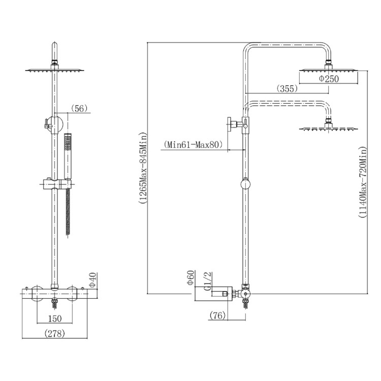 Brushed Bronze Thermostatic Bar Mixer Shower Set with Slide Rail Kit & Pencil Hand Shower - Arissa