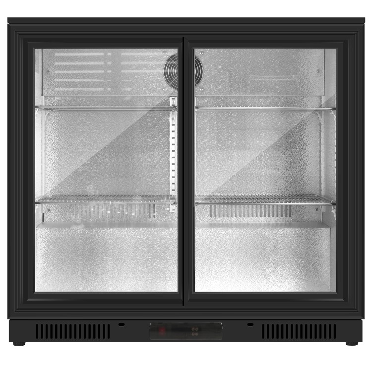 Sliding Double Door Undercounter Bottle Cooler - Back Bar Cabinet - Black - 1 Year Full Parts and Labour warranty