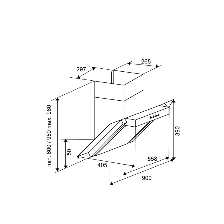 GRADE A2  - Baumatic BE900GL Angled Stainless Steel And Glass 90cm Wide Chimney Cooker Hood