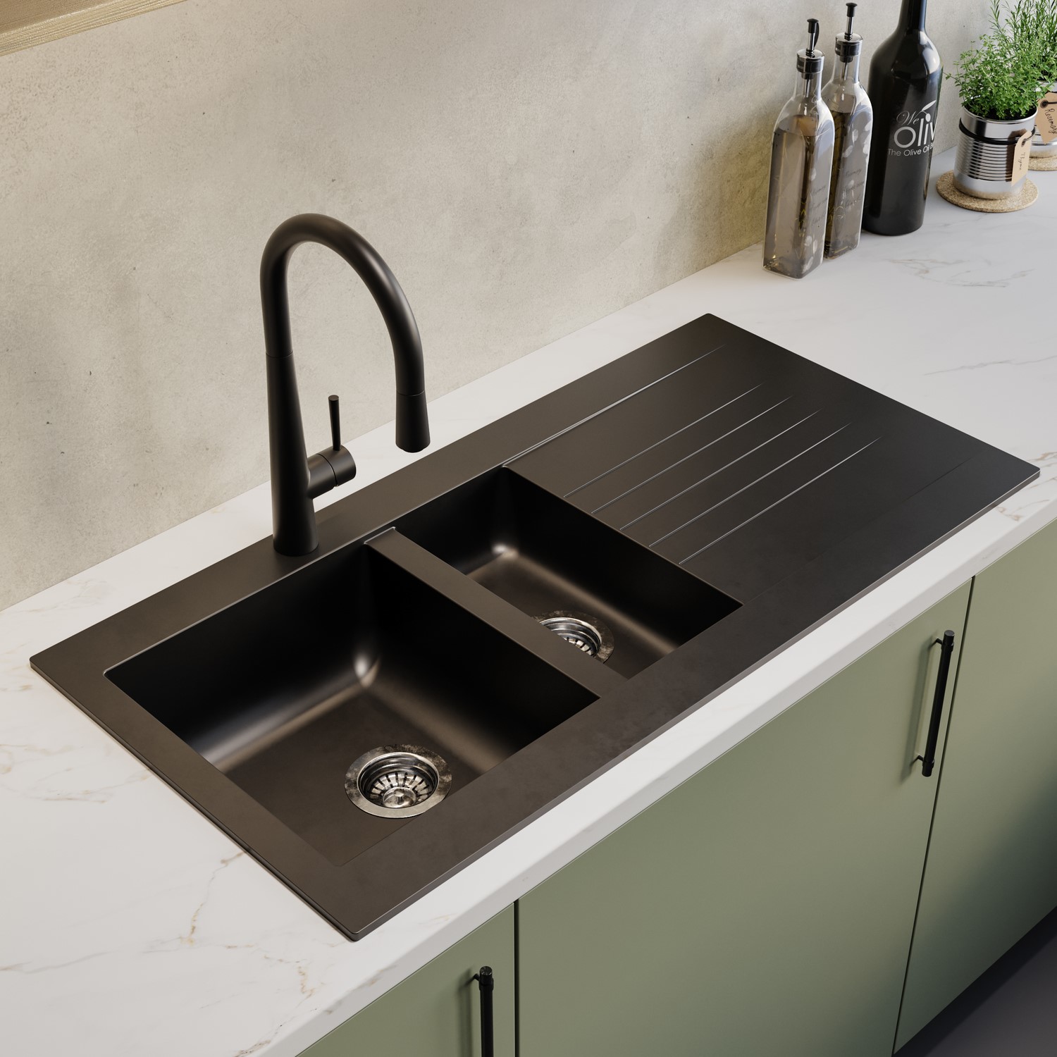 Essence Black 1.5 Bowl Inset Composite Kitchen Sink With Reversible Drainer - Amelia - Image 2