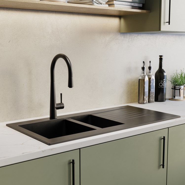 1.5 Bowl Inset Black Composite Kitchen Sink with Reversible Drainer - Essence Amelia