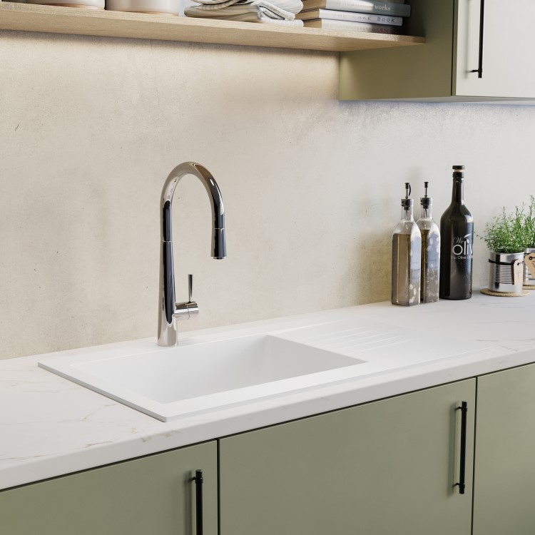 Single Bowl Inset White Composite Kitchen Sink with Reversible Drainer - Essence Amelia
