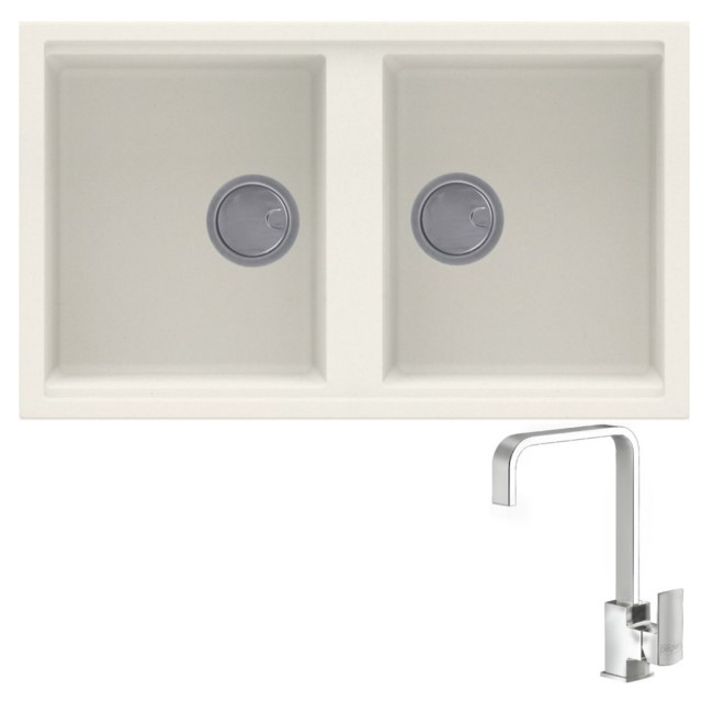 Double Bowl White Granite Inset Kitchen Sink & Chrome Mixer Tap - Reginox