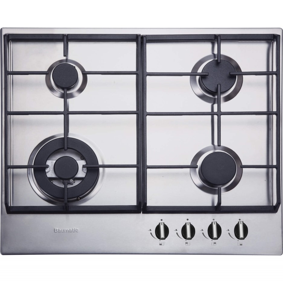 Baumatic BHG625SS 4 Burner 60cm Wide Gas Hob with Wok Stainless Steel Appliances Direct