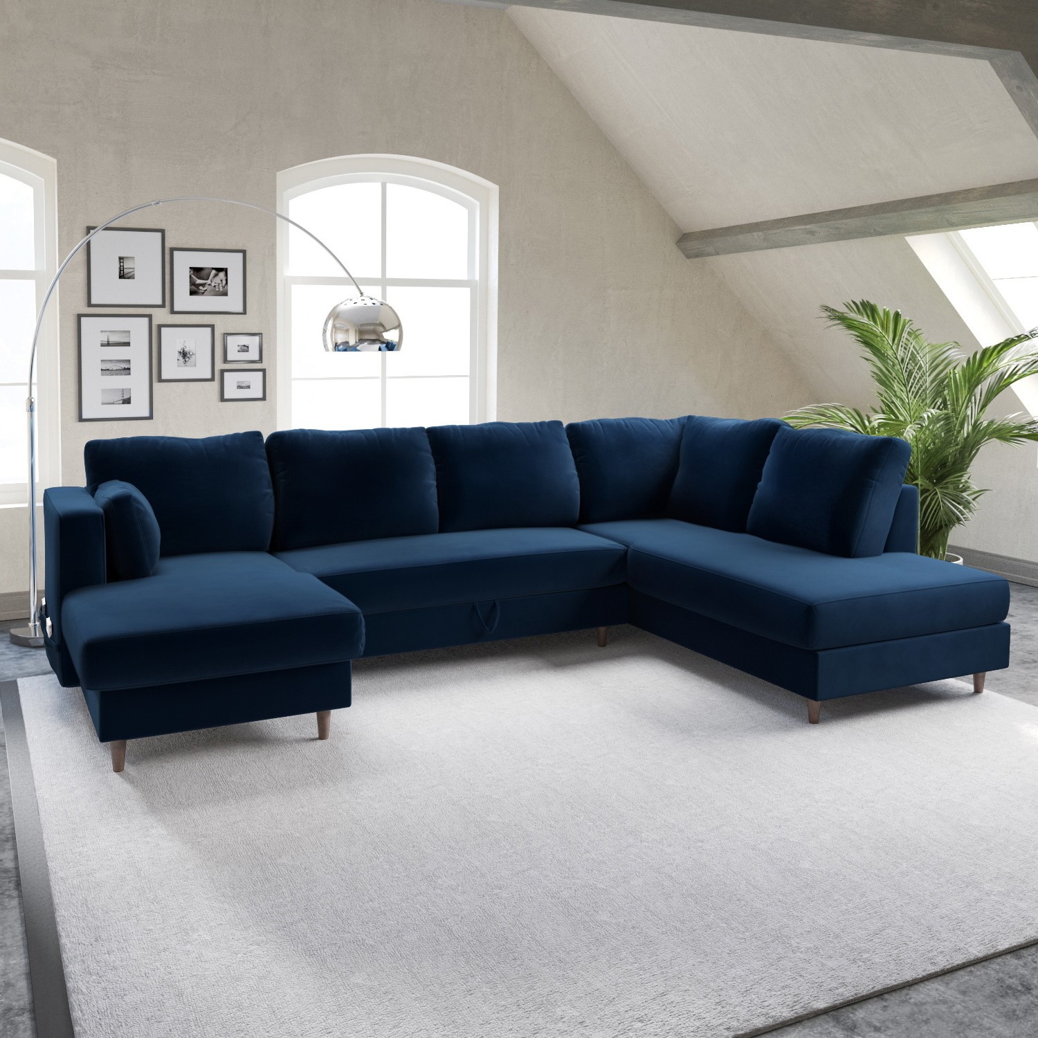 Navy Blue Velvet U-Shaped Right Hand Facing Sofa Bed with Storage - Seats BOE007 - Picture 1 of 8