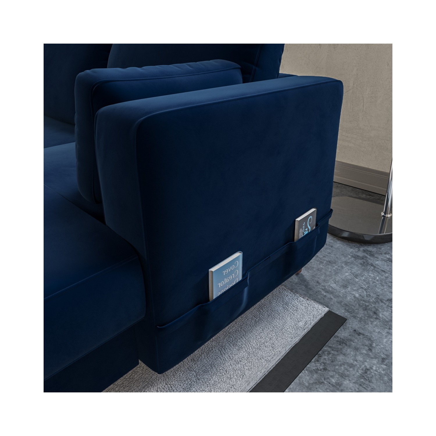Navy Blue Velvet U-Shaped Right Hand Facing Sofa Bed with Storage - Seats BOE007 - Picture 4 of 8