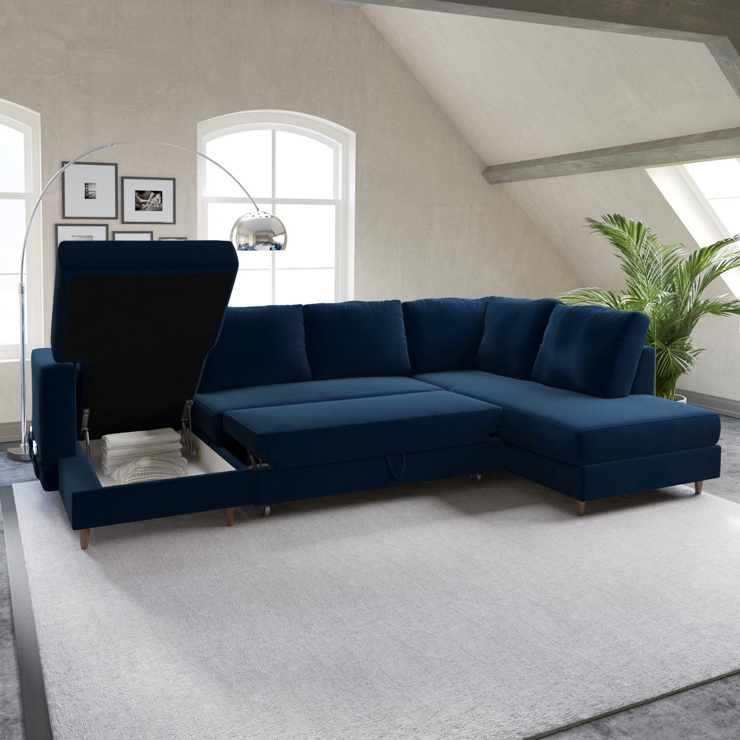 Navy Blue Velvet U-Shaped Right Hand Facing Sofa Bed with Storage - Seats BOE007 - Picture 5 of 8