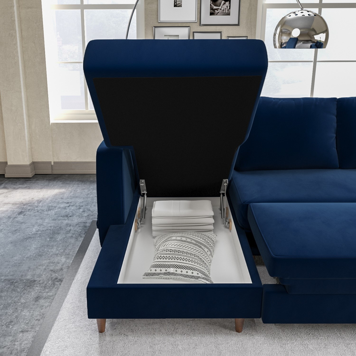 Navy Blue Velvet U-Shaped Right Hand Facing Sofa Bed with Storage - Seats BOE007 - Picture 6 of 8