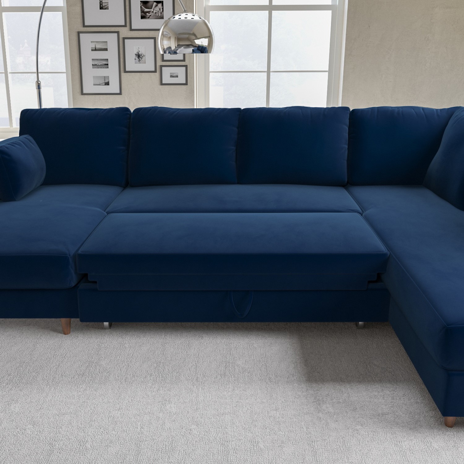 Navy Blue Velvet U-Shaped Right Hand Facing Sofa Bed with Storage - Seats BOE007 - Picture 7 of 8