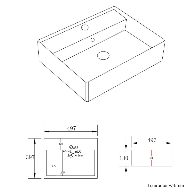 White Rectangular Countertop Basin 497mm - Bowen