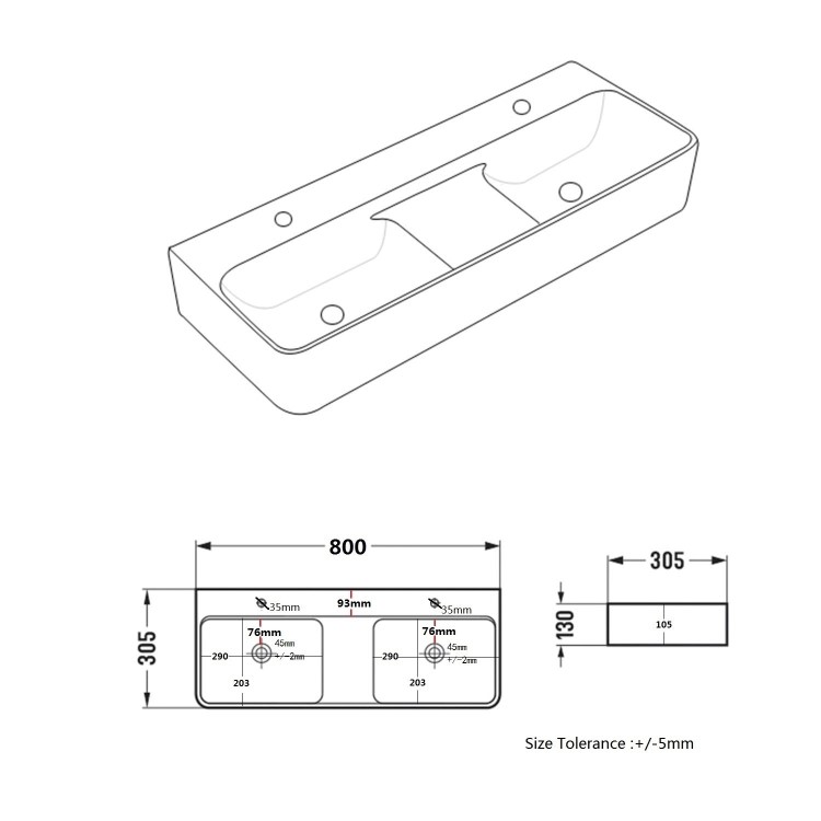White Square Wall Hung Double Basin with Brass Rack 800mm - Bowen