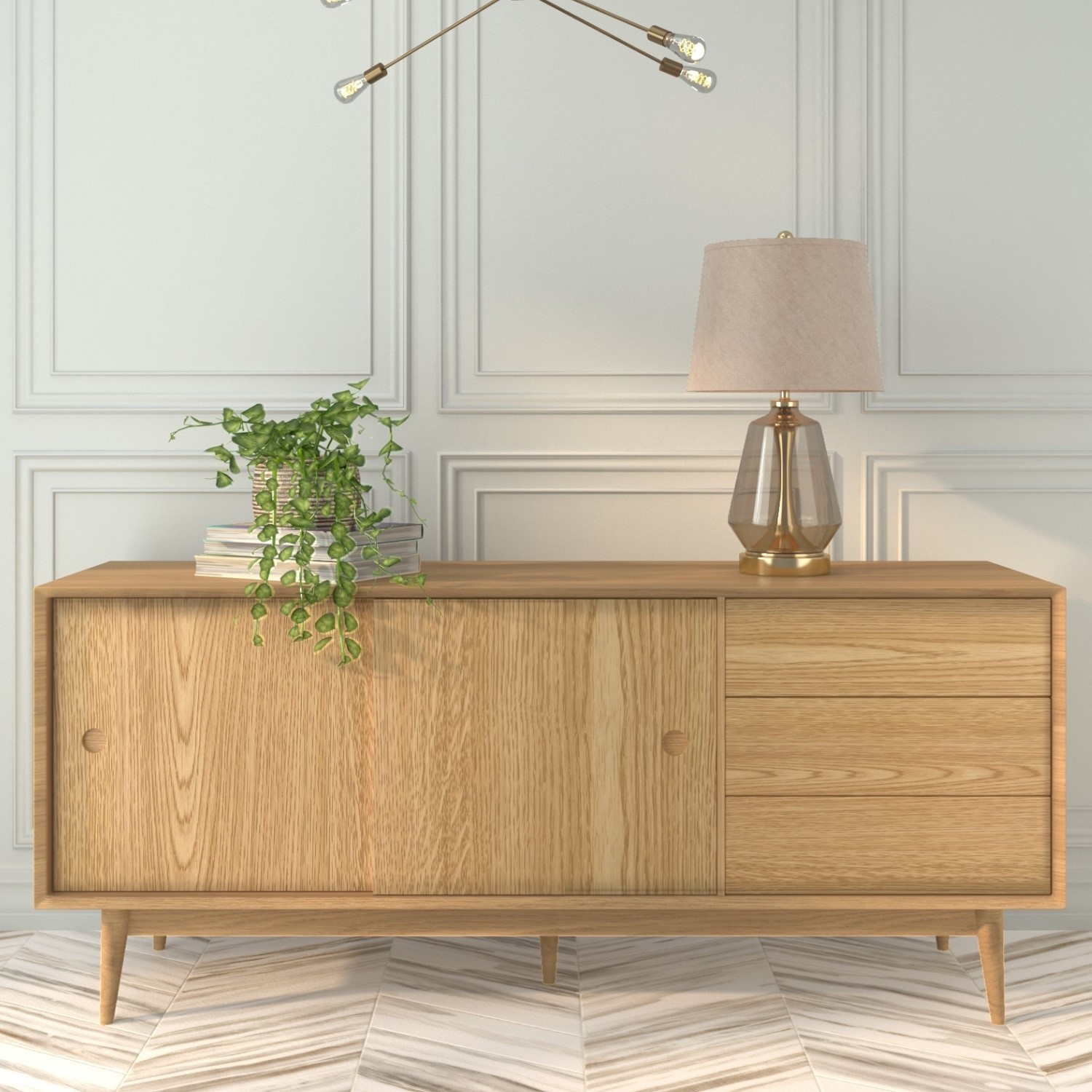 Solid Oak Sideboard with Sliding Doors & Drawers Scandi Briana