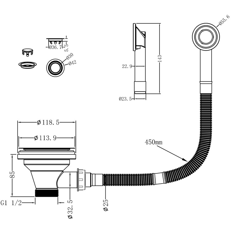 Brushed Brass Slotted Basket Strainer Kitchen Sink Waste with Round Overflow - Essence