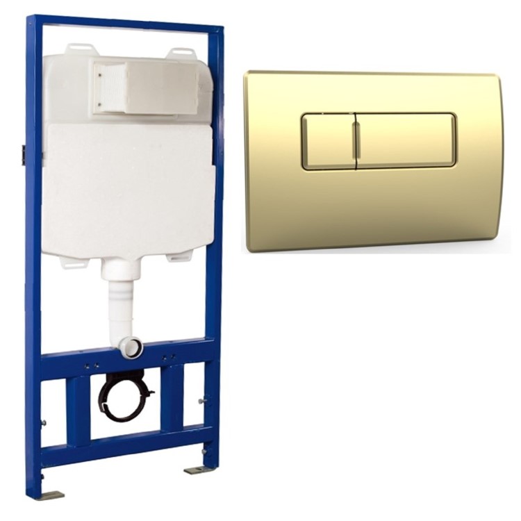 1168mm Wall Hung Toilet Frame & Brass Pnuematic Dual Flush Plate with Concealed Cistern - Elira