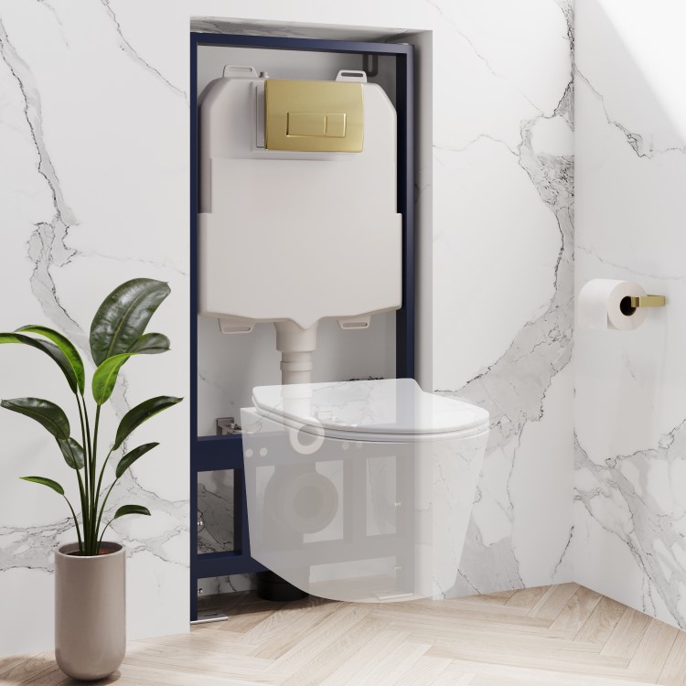 1168mm Wall Hung Toilet Frame & Brass Pnuematic Dual Flush Plate with Concealed Cistern - Elira