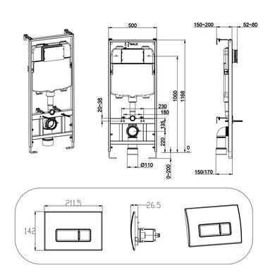 ONLY OPENED - Concealed Cistern 1170mm Pneumatic Frame with Matt Black Flush Plate - Elira