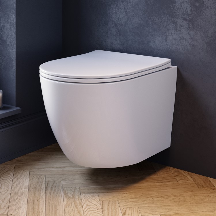 Wall Hung Rimless Toilet with Soft Close Seat, Chrome Pneumatic Flush Plate, 1168mm Frame & Cistern – Roma