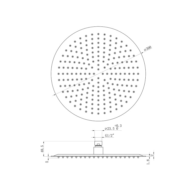Flow Concealed Round Single Outlet Shower Valve with 300mm Ultra Slim Shower Head and Wall Arm