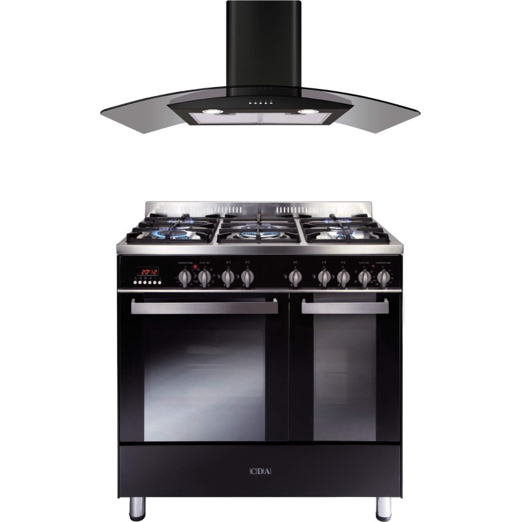 CDA 90cm Dual Fuel Range Cooker With Free Curved Glass Chimney Hood - Black